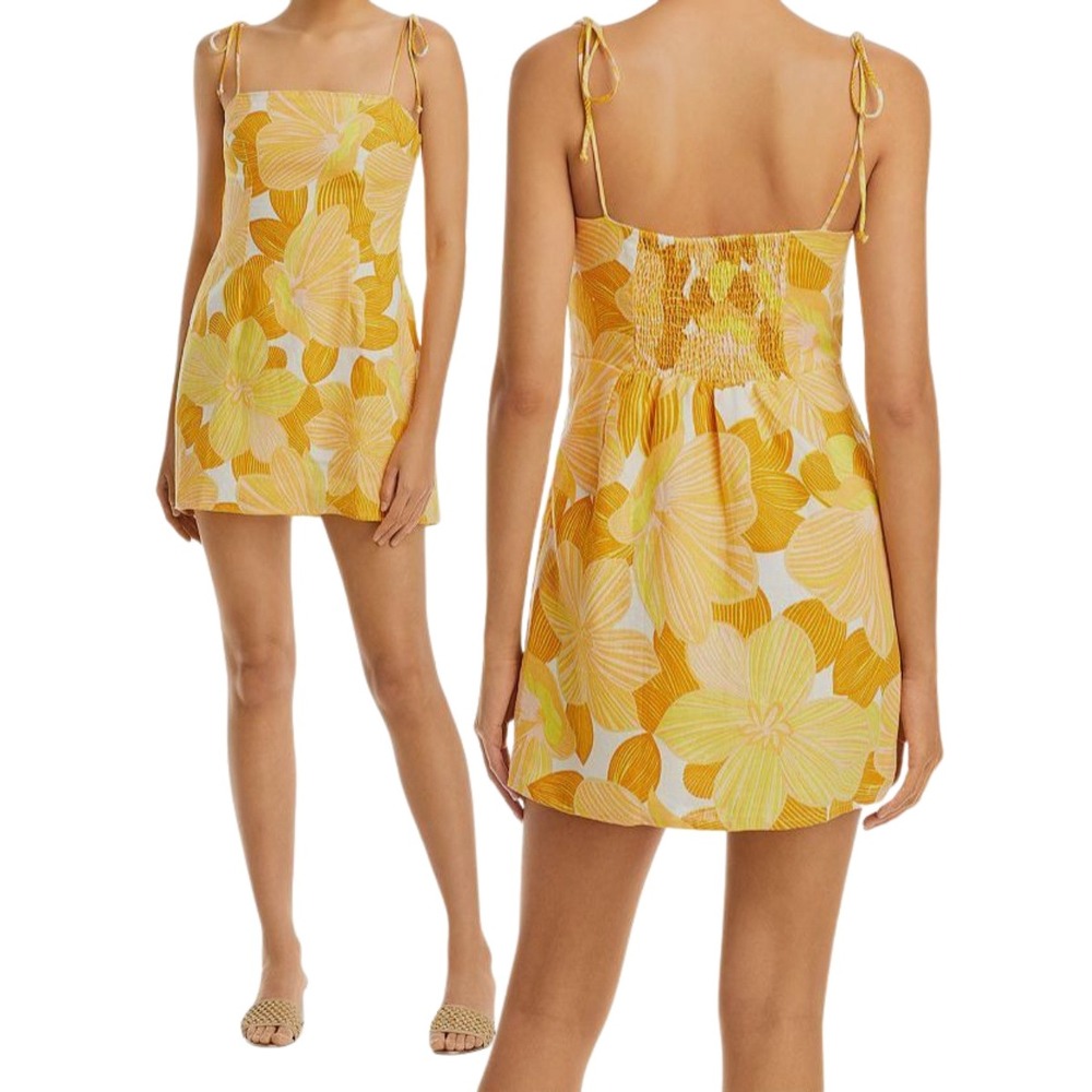 $209 Faithful the Brand 100% Linen Ysla Yellow‎ Floral Mini Dress - Size 4